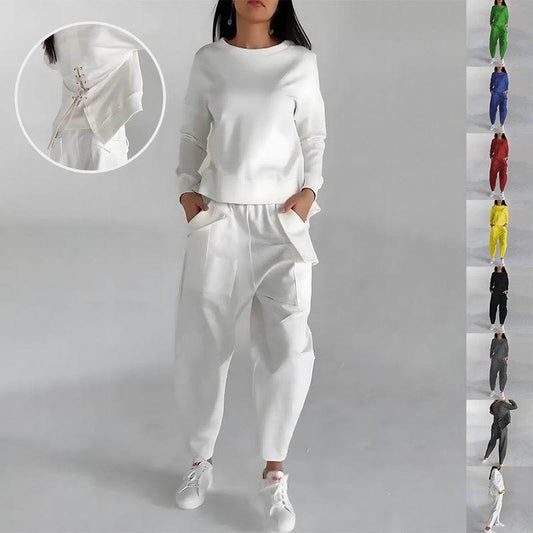 Solid Color Fashion Sweatshirt Long Sleeve Back Slit Top With Pockets Loose Trousers Women's Clothing - Mubimart