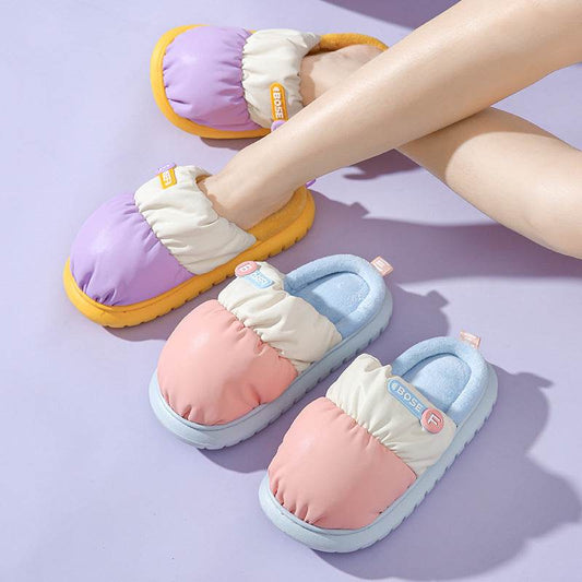 Mixed-color Down Cotton Slippers Winter Warm Indoor Non-slip Couple Thick-soled Home Shoes For Women Fashion Fuzzy House Slipper - Mubimart