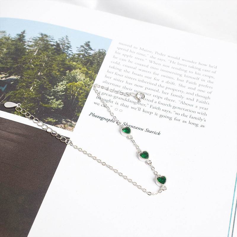 French Retro S925 Sterling Silver Three Lovely Emerald Gemstone Bracelet - Mubimart