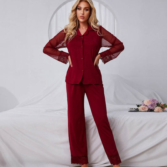 Women's Solid Color Net Gauze Long-sleeved Top And Trousers Pajama Set - Mubimart