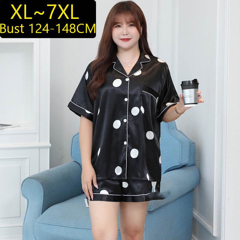 Summer Plus Size Ladies Ice Silk Short Sleeve Pajama Set - Mubimart
