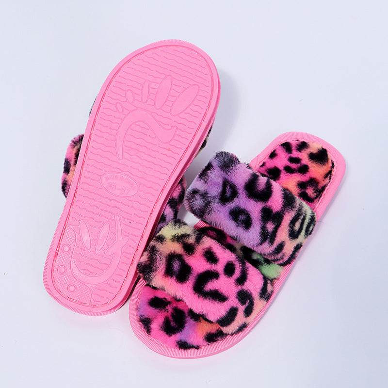 Women New Indoor Fuzzy Leopard Plush House Flat With Fuzzy Slipper - Mubimart