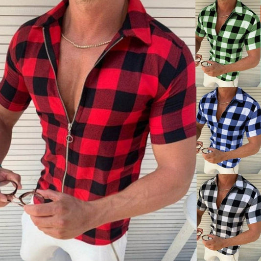 Plaid T Shirt Mens Zipper Short Sleeve Shirts Summer Men Clothing - Mubimart