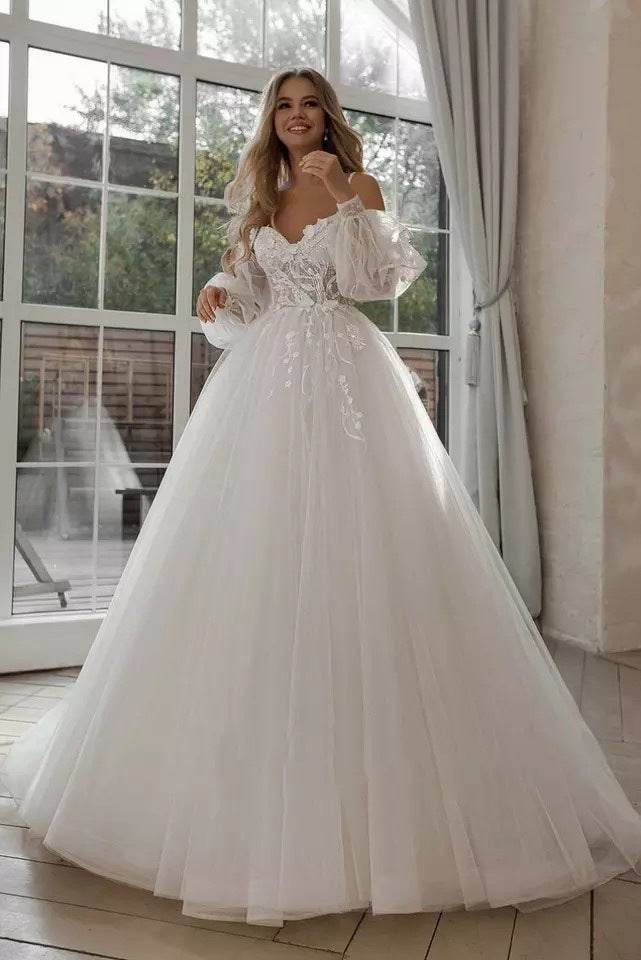 Boho Bride Gown Puff Sleeve Off Shoulder Wedding Dresses - Mubimart