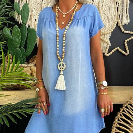 Round Neck Pleated Loose Solid Color Casual Plus Size Denim Dress - Mubimart