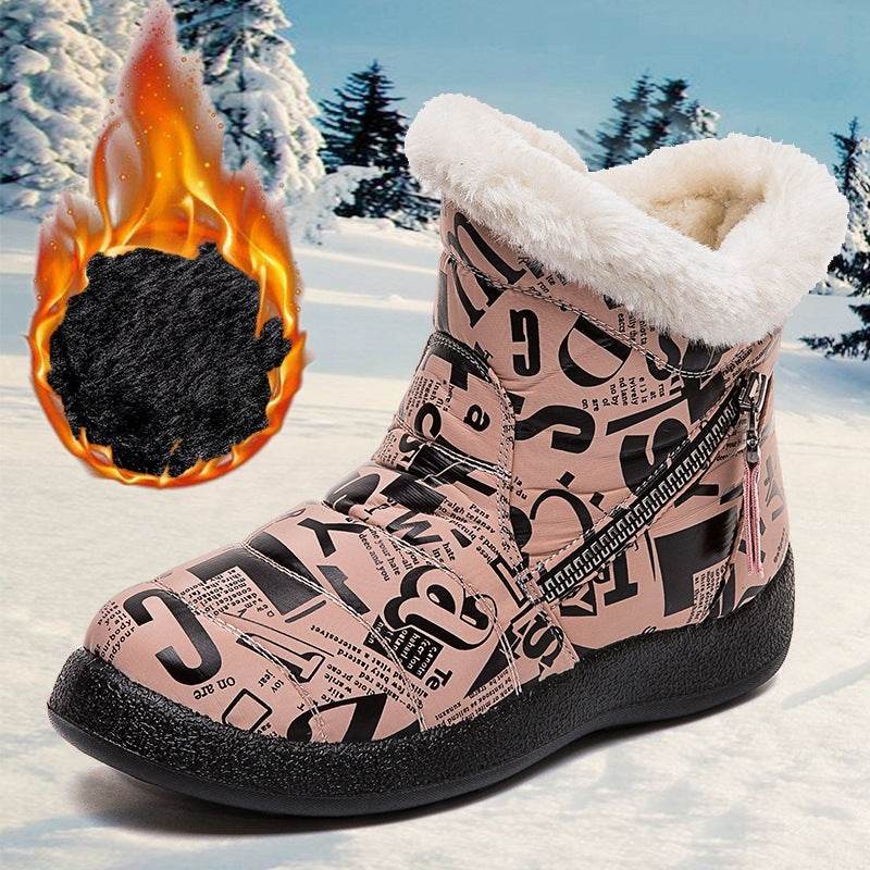 Letter Print Boots Winter Warm Plush Snow Boot Women Shoes - Mubimart