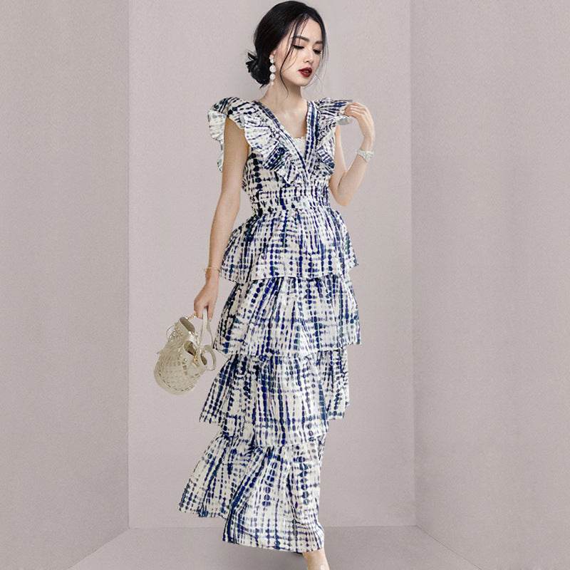 Summer Socialite Elegant V-neck High Waist Heavy Work Tie-dyed Waist Slim Mid-length Cake Dress - Mubimart