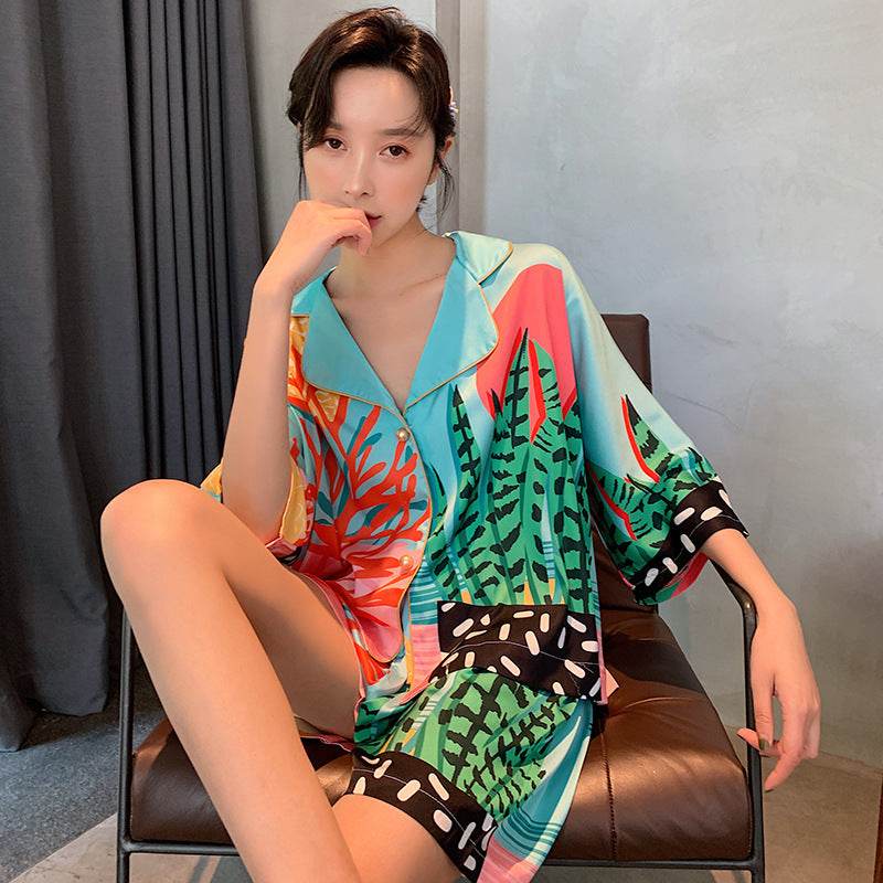 New Nightwear Women's Plant Print Pearl Button Silk Thin Style - Mubimart