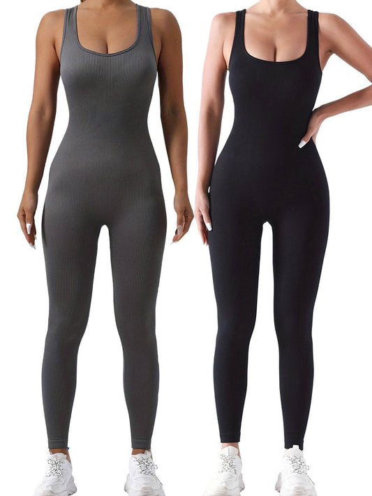 2 Pack Women's Ribbed Solid Color One-Piece Jumpsuit, Form-Fitting Sensual Activewear, Classic Sleeveless Full-Length Pants For Sport Casual Wear - Mubimart