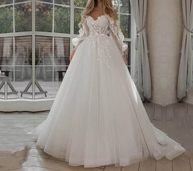Boho Bride Gown Puff Sleeve Off Shoulder Wedding Dresses - Mubimart