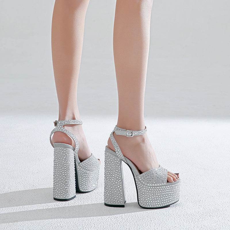 Women's Leather Block Heel Rhinestone High Heel Sandals - Mubimart