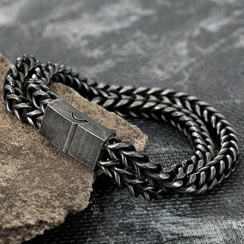 Black Vintage Mens Bracelet Punk Double Chain Stainless Steel - Mubimart