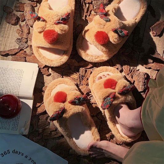 Indoor Cute One-word Cotton Slippers Autumn Women's Cartoon Fluffy Slippers