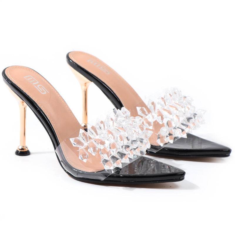 Summer Pointed High Heels Solid Color High Heels Rhinestone Sandals - Mubimart