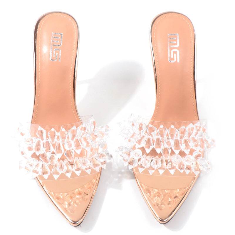 Summer Pointed High Heels Solid Color High Heels Rhinestone Sandals - Mubimart