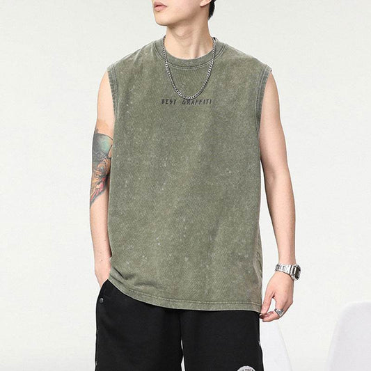 Summer Retro Washed Cotton Tank Top Vest For Men - Mubimart