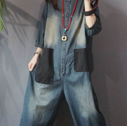 Retro Personality Plus Size Patch Large Pocket Jumpsuit - Mubimart