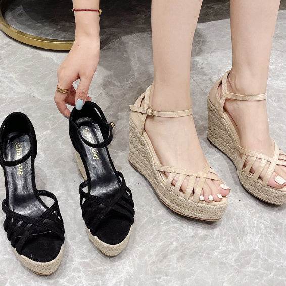 Women's Wedge Super High Heels Platform Hemp Rope Woven Peep Toe Sandals - Mubimart