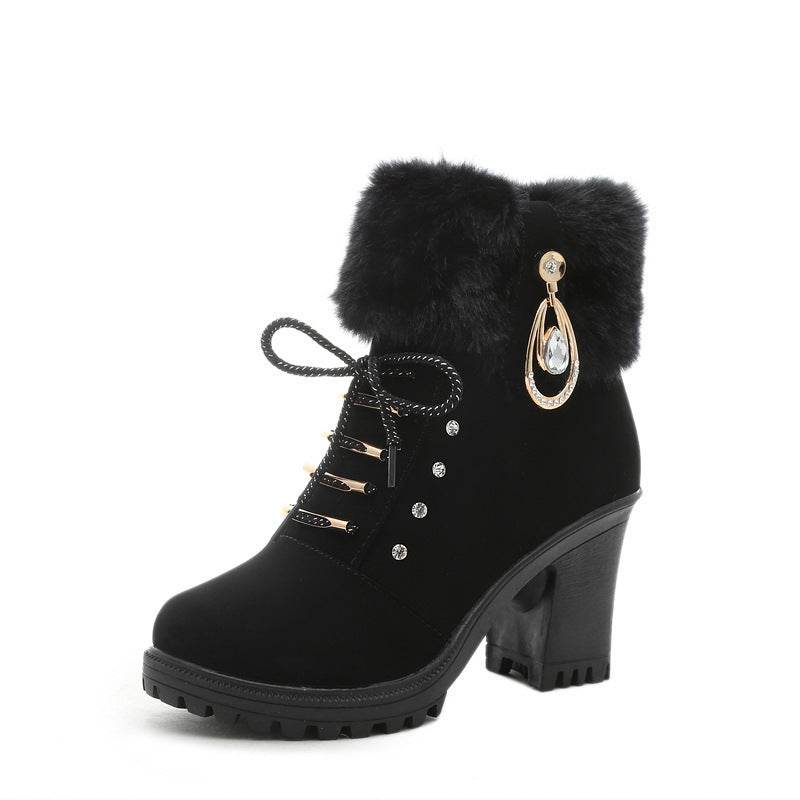 Plush Martin Boots With Lace Up High Heels - Mubimart