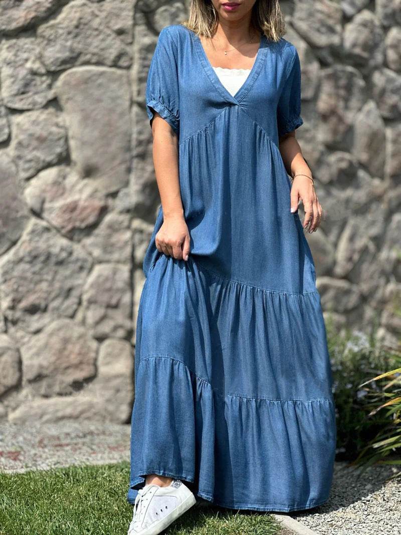 European And American Plus Size Women's Clothes Faux Denim Solid Color And V-neck Long Dress - Mubimart