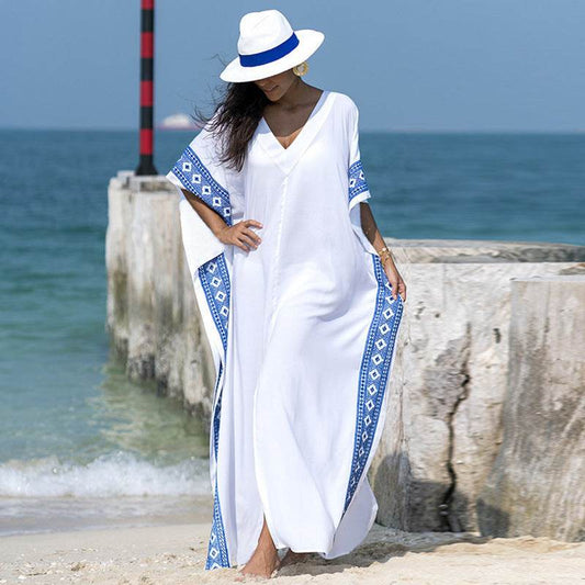Women Cotton Embroidered Robe Holiday Dress - Mubimart