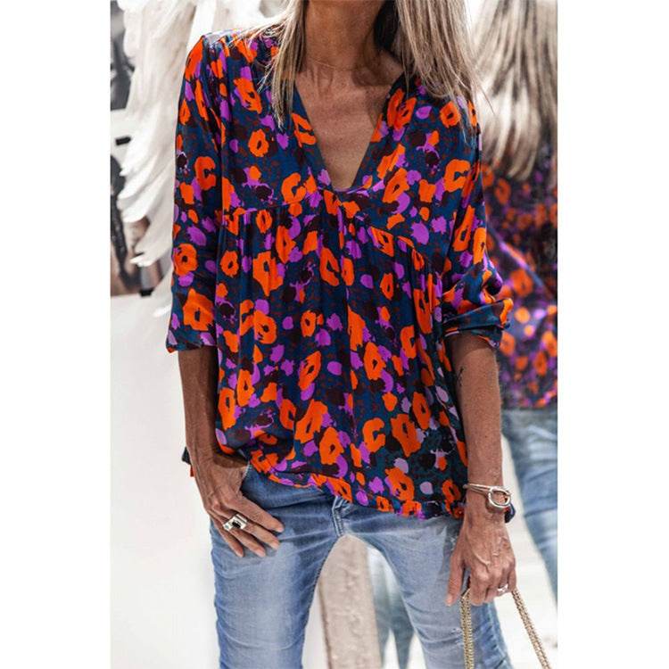 New Style Blouse Women Printing V-Neck Long-Sleeved T-Shirt Women - Mubimart