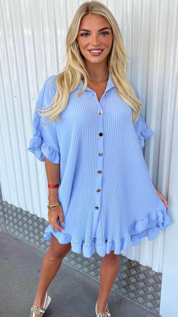 Summer Solid Color Shirt Dress Ruffle Sleeve Irregular Shirt Dress - Mubimart