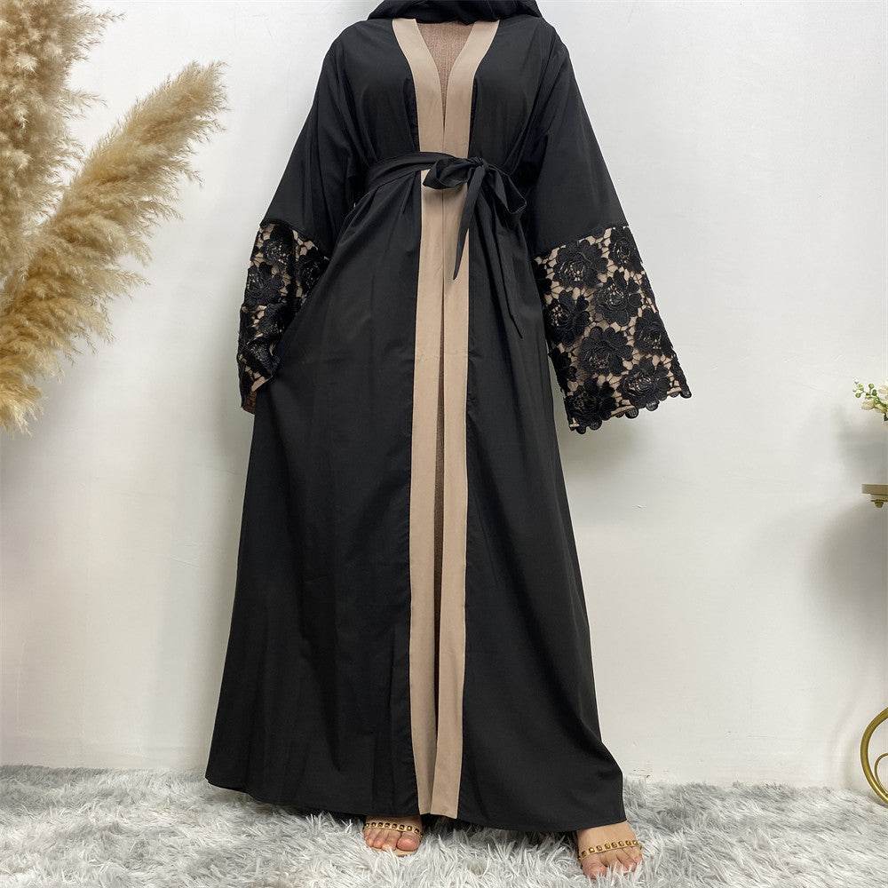 Lace Cuffs Patchwork Long Sleeve Loose Plus Size Lace Up Cardigan Robe - Mubimart
