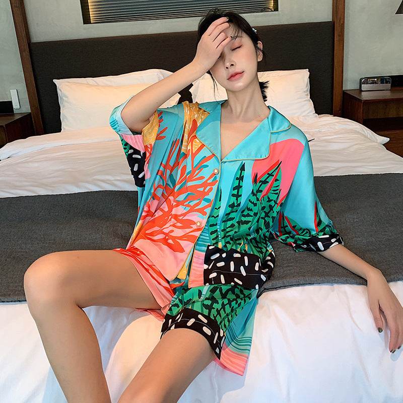 New Nightwear Women's Plant Print Pearl Button Silk Thin Style - Mubimart