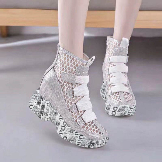 Mesh Hollowed Out Boots Breathable Thick Soled Wedge Heels Inside Heightening Women's Cool Boots - Mubimart