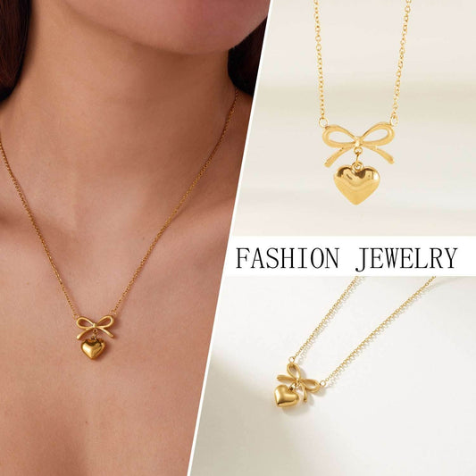 Stainless Steel New Fashion Fine Waterproof Jewelry Love Heart Bowknot Shape Charm Chain Choker Necklaces Pendant For Women Fashion Jewelry - Mubimart