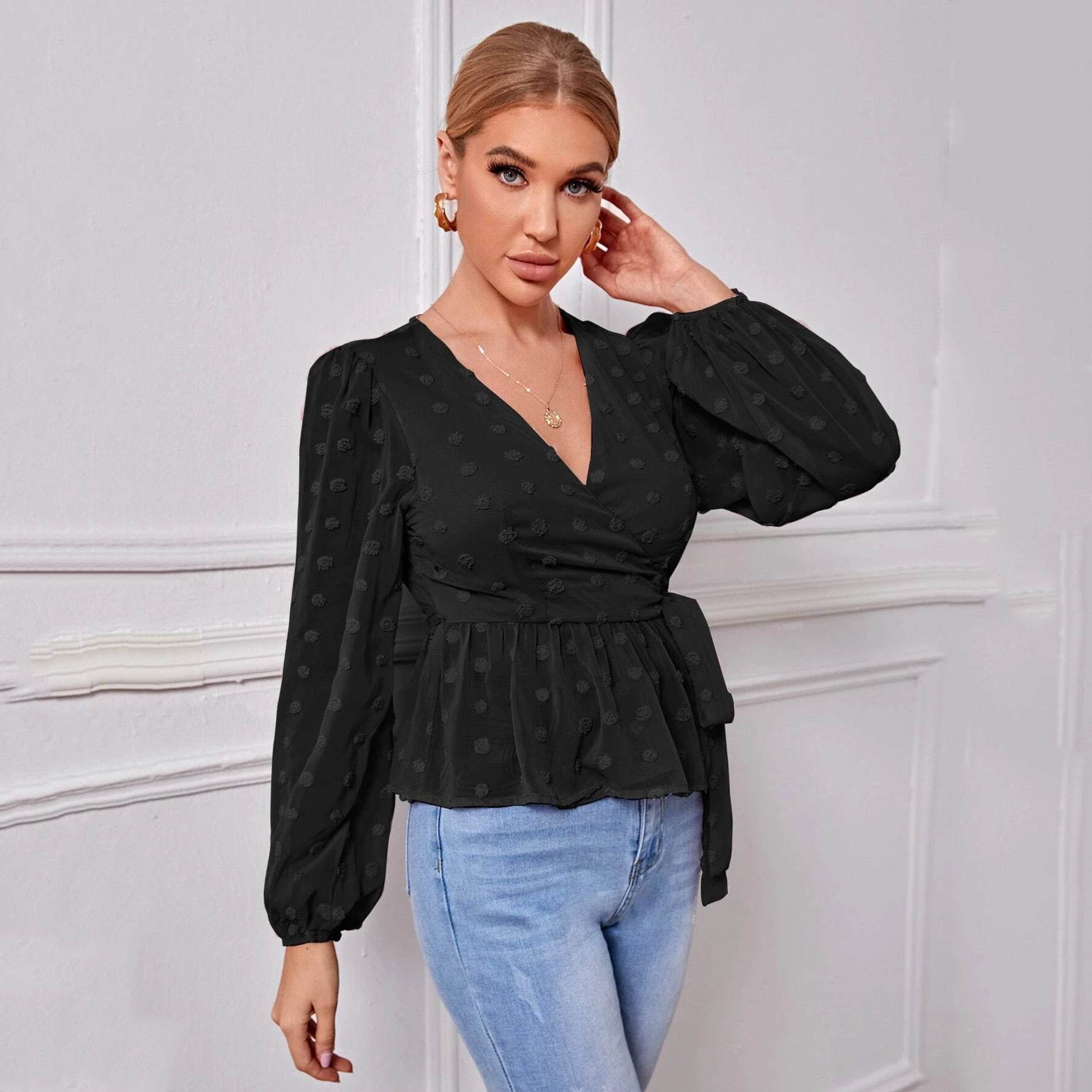 V-neck Slim-fit Light Mature Blouse Women - Mubimart