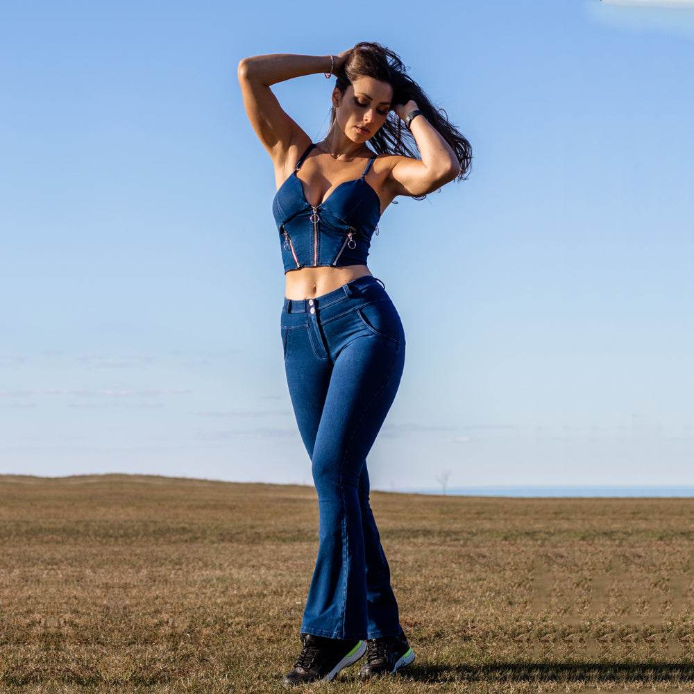 Shascullfites Women's Suit Dark Blue Bodysuit Zipper Push Up Top Middle Waist Flare Jeans Women 2 Pieces Pant Sets - Mubimart