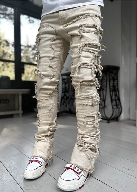 Men Trousers Individual Patched Pants Long Tight Fit Stacked Jeans For Mens Clothing - Mubimart