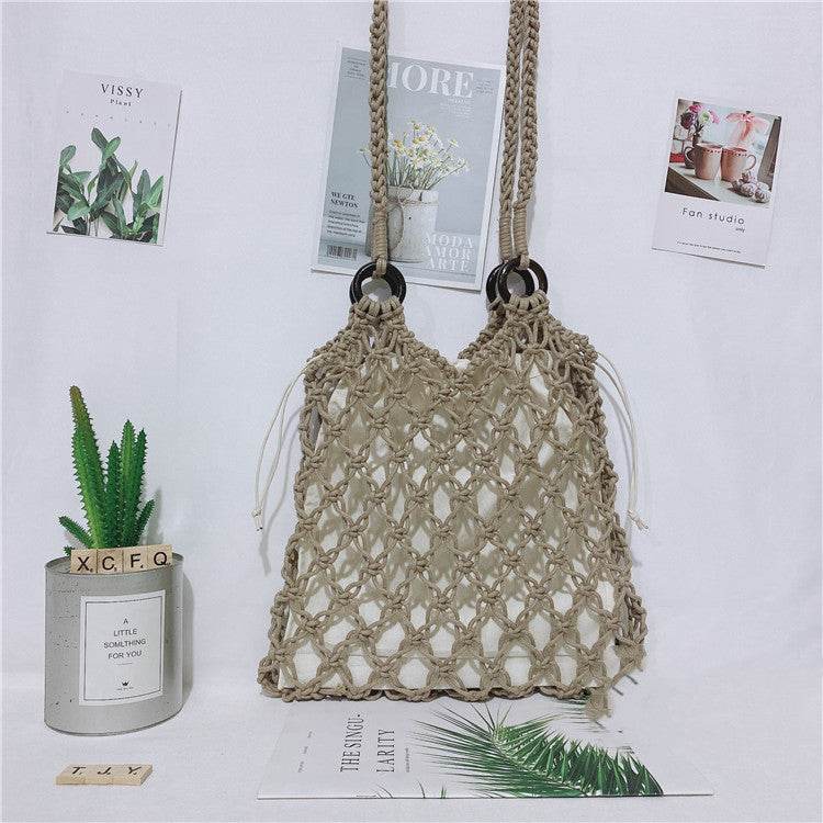 Women One Shoulder Hand Straw Beach Bag - Mubimart