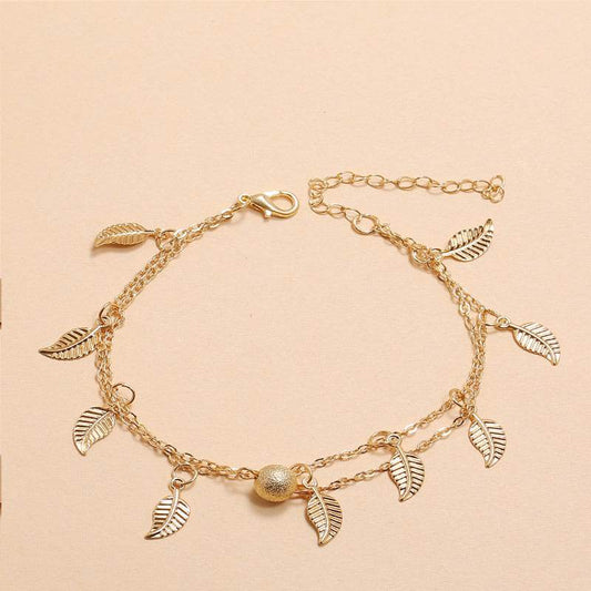 Frosted Round Beads, Small Leaves And Tassel Feet With Double-layer Anklets - Mubimart
