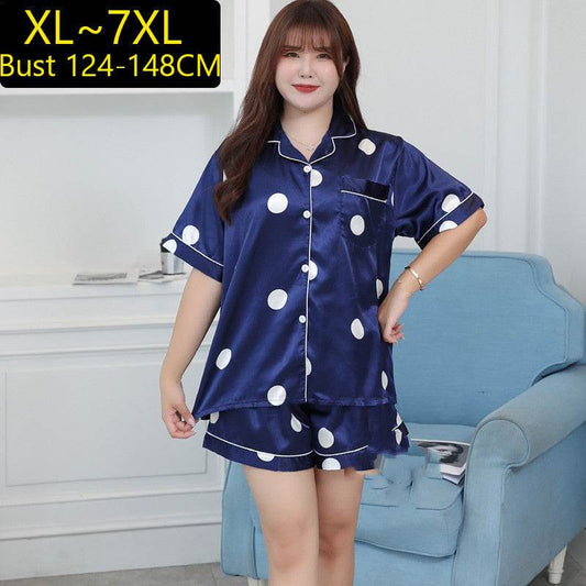 Summer Plus Size Ladies Ice Silk Short Sleeve Pajama Set - Mubimart