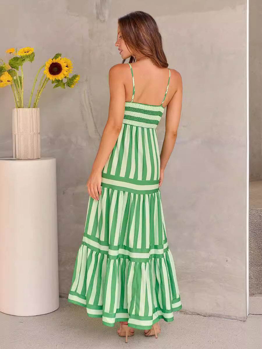 Summer Striped Printed Suspender Long Dress With Pockets Fashion Square Neck Backless Dresses For Beach Vacation Women Clothing - Mubimart