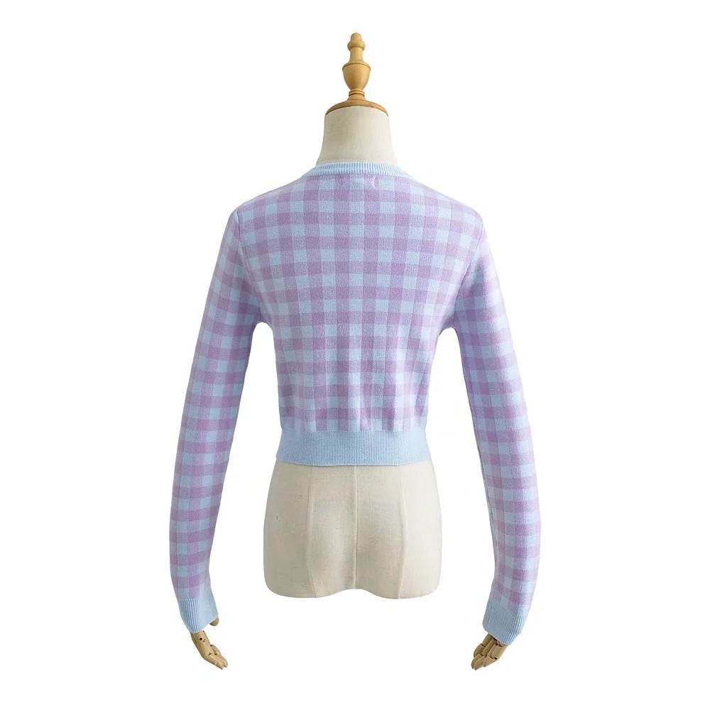 Women Crew Neck Plaid Knit Cardigan Crop Top - Mubimart