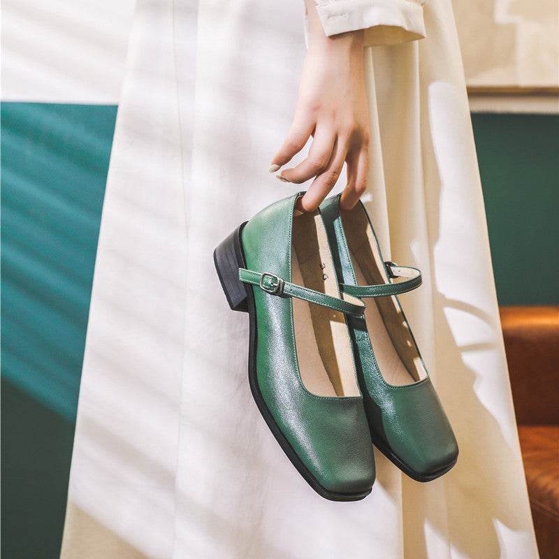 Women's Vintage Mary Jane Leather Square Toe Shoes - Mubimart