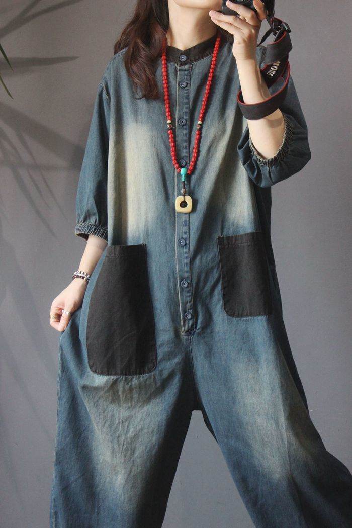 Retro Personality Plus Size Patch Large Pocket Jumpsuit - Mubimart