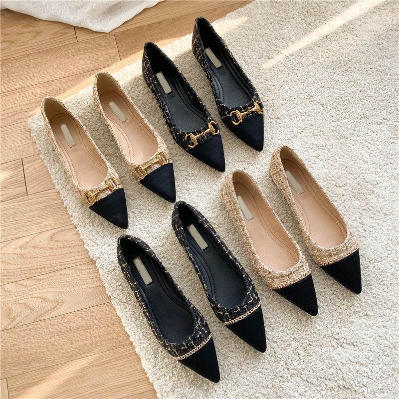 Women's Pointed Toe Flat Shallow Chain Flat Shoes - Mubimart
