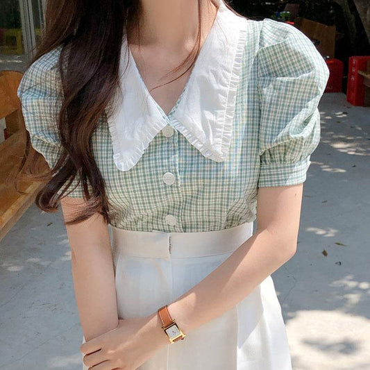 Puff Sleeve Blouse Women Retro Plaid Doll Collar Shirt - Mubimart