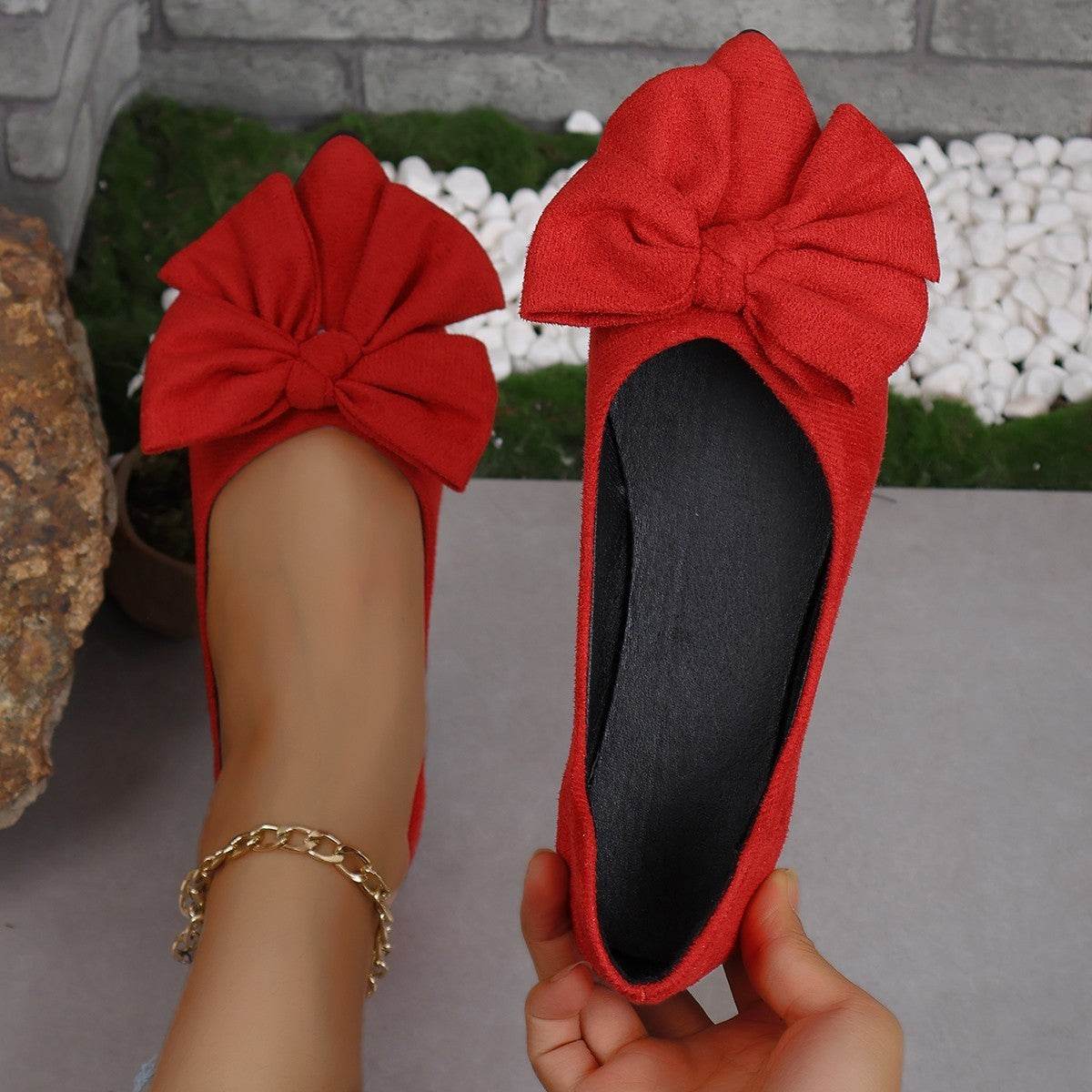 Big Bow Flat Shoes Pointed-toe Low-heeled Shoes Women Fashion Casual Breathable Slip On Flats - Mubimart