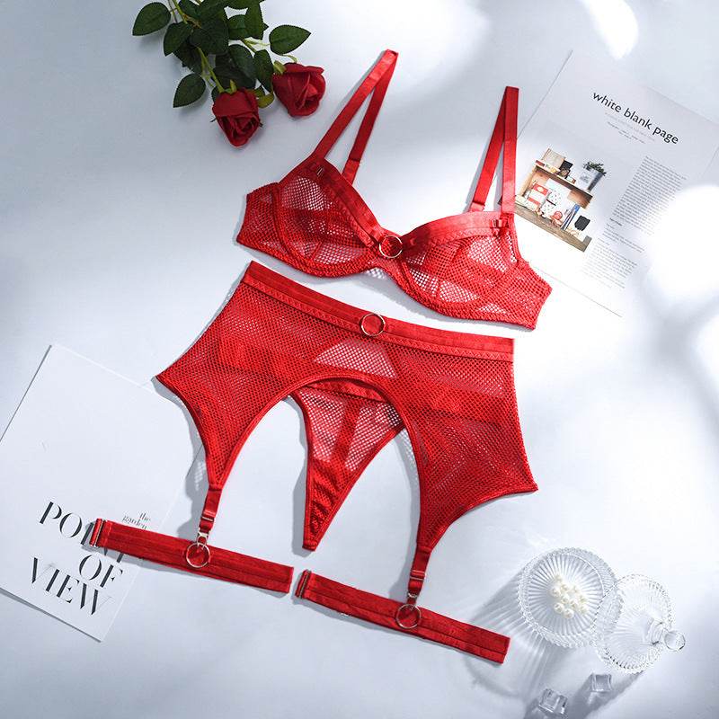 Lace Mesh Cross Strap Garter Belt Three-piece Split Suit - Mubimart