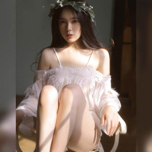 White Eyelashes Lace Stitching Mesh Nightwear Lingerie - Mubimart