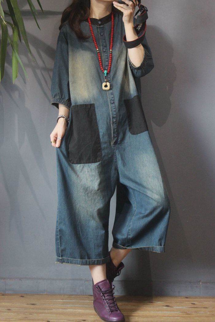 Retro Personality Plus Size Patch Large Pocket Jumpsuit - Mubimart