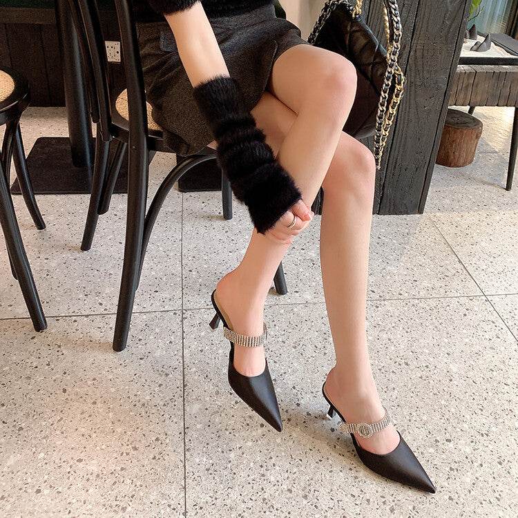 Korean Style Pointed Toe Stiletto Rhinestone Buckle Mules - Mubimart