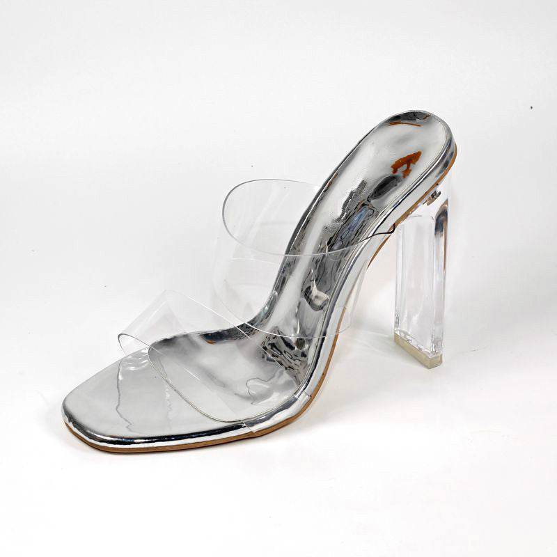 Silver Flat Block High Heel Sandals - Mubimart