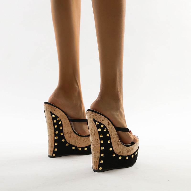European And American Roman Style Rivets Herringbone Flip Flops Wood Grain Wedge High Heels - Mubimart